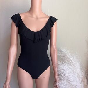 Wilfred Danette Black Ruffle Neck Body-suite in size XS small